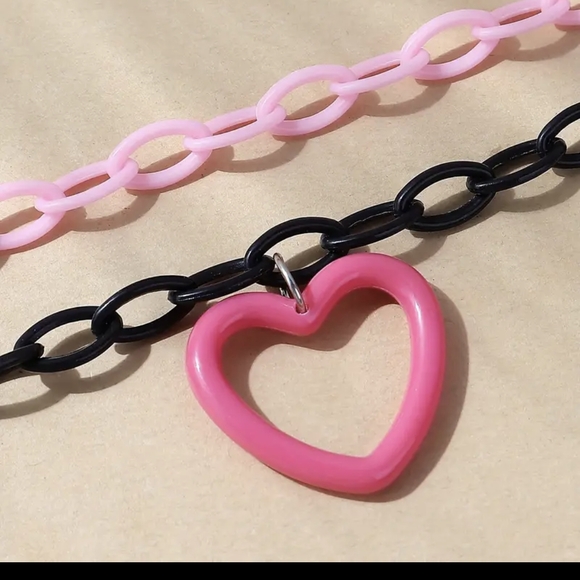 Playful Pink and Black Heart Necklace with Glossy Finish - Picture 5 of 5